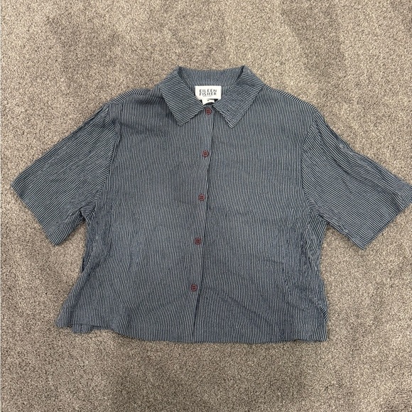 Eileen Fisher Tops - Eileen Fisher Navy Striped Shirt with Brown Button